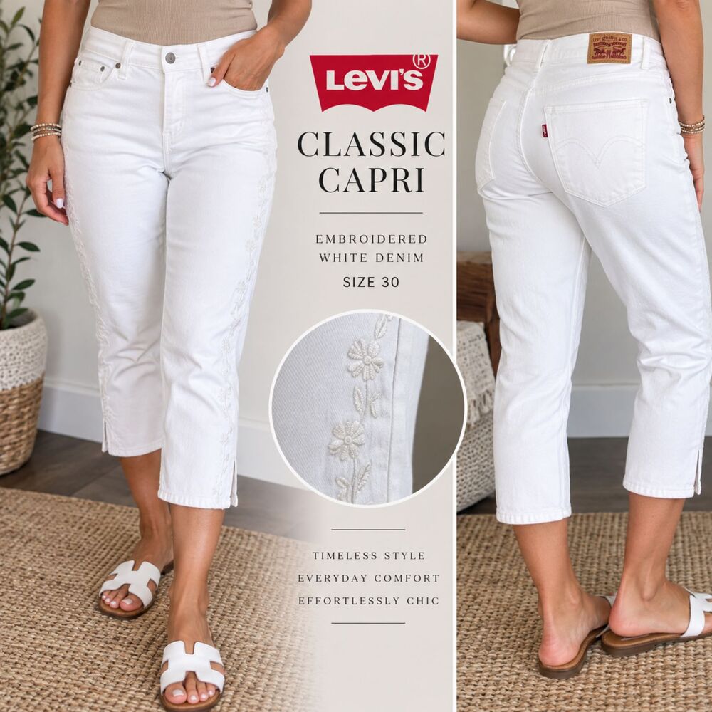 Levi's Classic Capri Jeans Women 30 White Floral Embroidered Y2K Cropped Denim
